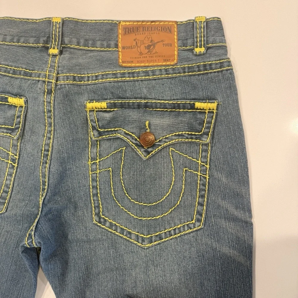 Y2K TRUE Religion World Tour Bobby Super‎ T Men's 42 Jeans Neon Green Stitch